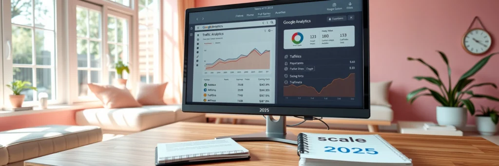 Boost Blog Income: How to Make Money Blogging in 2025 7 Photorealistic 8K image of a monitor showing Google Analytics, tablet with ShareASale, and notebook on a desk in a pink living room with income icons