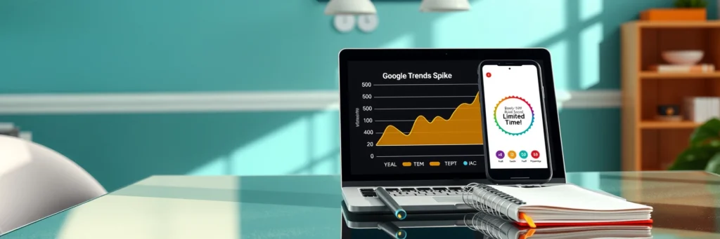 Turn Small Blogs into Big Profits: Affiliate Hacks for 2025 6 Photorealistic 8K image of a laptop showing Google Trends, smartphone with Canva pin, and planner on a glass desk in a teal-walled office with seasonal icons
