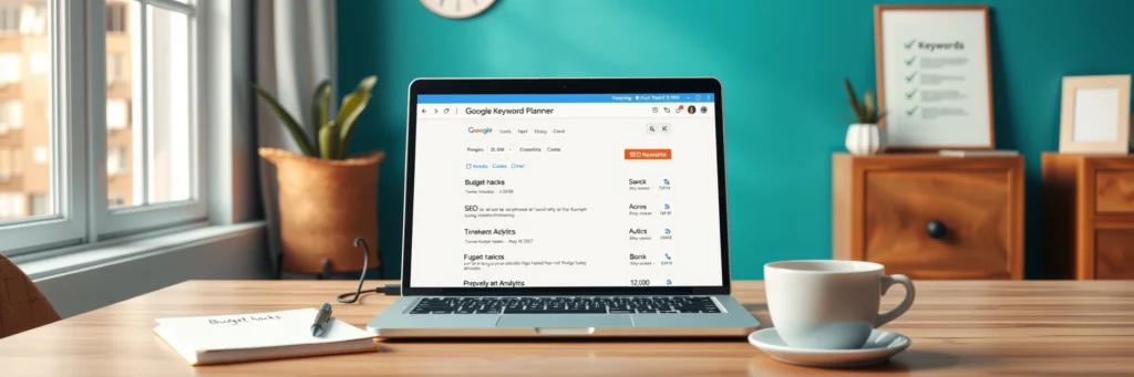 Effortless SEO Basics for Beginners to Conquer 2025 Profits 3 Photorealistic 8K close-up of a laptop showing Google Keyword Planner for 'budget hacks,' with a 'SEO Keywords' notebook, pen, and tea cup on a desk in a teal-walled office with checklist icons