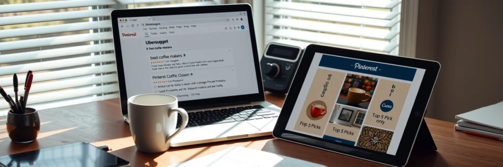 Building Niche Affiliate Sites: Start Your Journey to Passive Income Today in 2025 5 Organized desk with a laptop running Ubersuggest for 'best coffee makers' keywords, a tablet showing Pinterest with Canva pins, and a traffic graph printout, driving SEO and Pinterest traffic for niche affiliate sites in 2025.