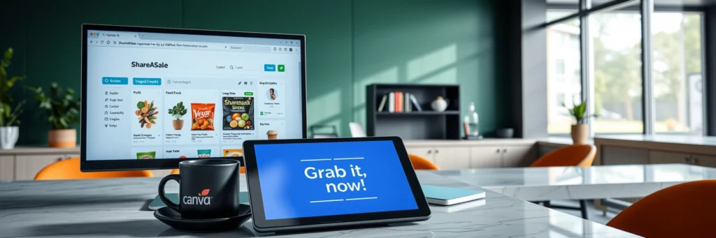 Turn Small Blogs into Big Profits: Affiliate Hacks for 2025 4 Photorealistic 8K image of a monitor showing ShareASale dashboard, tablet with Canva pin, and mug on a marble desk in a green-walled office with affiliate icons.