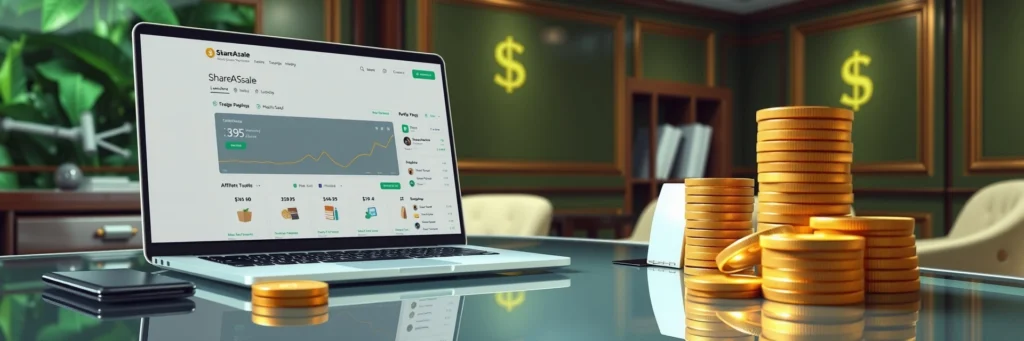 Blogging 101: Build Your First Profitable Site in 2025 8 Photorealistic 8K image of a laptop showing a ShareASale dashboard, gold coins, and product mockups on a glass desk in a green-walled office with dollar signs.