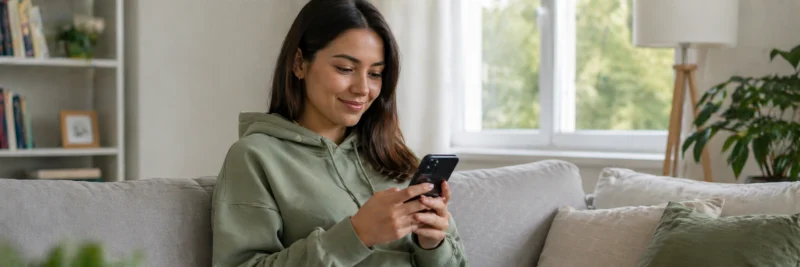 Woman using her phone at home to earn money online