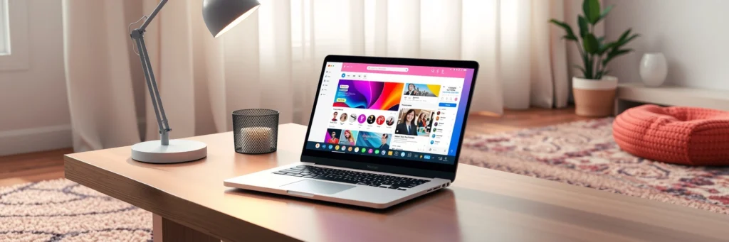 Freelance Writing Jobs for Beginners: 10 Easy Gigs to Start in 2025 4 Laptop displaying a colorful social media feed, inspiring freelance writing jobs for beginners in social content.