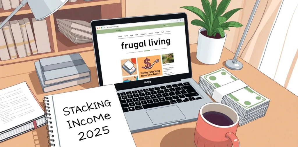 Ultimate Guide to Stacking Passive Income from Blogging like a Pro in 2025 2 Cozy home office desk with a laptop showing a WordPress blog for 'frugal living,' a notepad with 'Stacking Income 2025' written in bold, a stack of cash, and a coffee mug, highlighting the ultimate guide to passive income from blogging