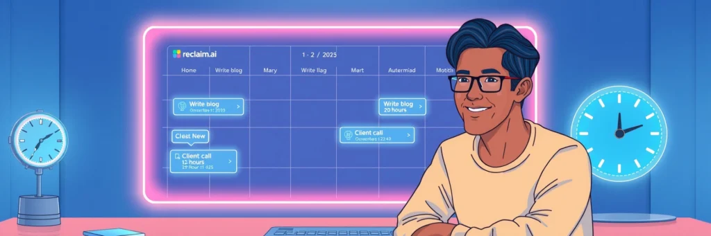 AI Time-Saving Hacks: Conquer Workload Chaos in 2025 4 Digital calendar with Motion scheduling tasks, rewinding clocks, symbolizing AI time-saving hacks for 2025 workload management