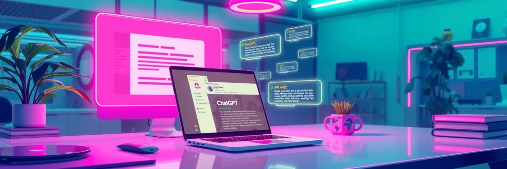 AI Time-Saving Hacks: Conquer Workload Chaos in 2025 5 Content hub with ChatGPT drafting an email on a laptop, with blog intros, symbolizing fast content creation for 2025 time savings