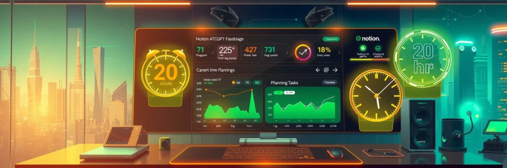 AI Time-Saving Hacks: Conquer Workload Chaos in 2025 7 Productivity hub with Motion, ChatGPT, and Zapier dashboard, showing 20 hours saved, symbolizing scaled AI time-saving hacks in 2025.