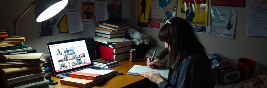 Student creating Pinterest pins for profit at a busy dorm desk.