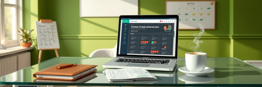 Successfully Grow Pinterest Traffic in 2025: From Zero to Unlimited 6 Photorealistic 8K image of a laptop showing a Tailwind dashboard, planner, latte, and pin schedules on a glass desk in a green-walled office with calendar icons.