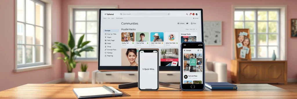 Successfully Grow Pinterest Traffic in 2025: From Zero to Unlimited 7 Photorealistic 8K image of a monitor showing Tailwind Communities, a smartphone with a pin, and a notebook on a desk in a pink living room with repin icons.