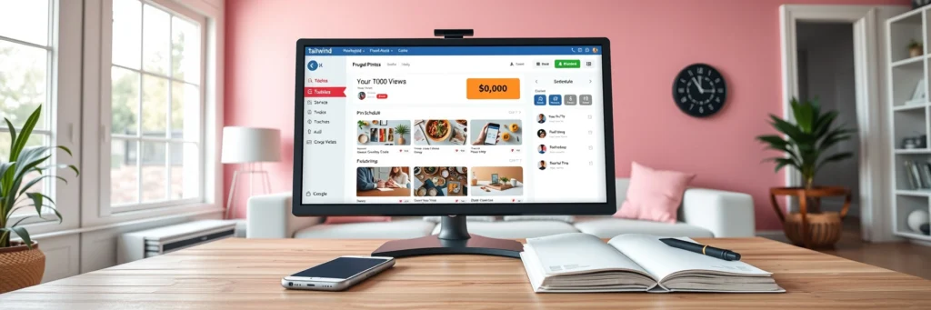 Thrive with Triple Your Blog Traffic with Pinterest in 2025 7 Photorealistic 8K image of a monitor showing Tailwind dashboard, smartphone, and notebook on a desk in a pink living room with scheduling icons