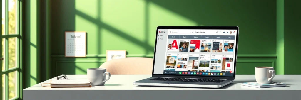 Content Planning for Bloggers in 2025: Build Posts That Win Big 7 Photorealistic 8K image of a laptop showing a Tailwind dashboard, planner, coffee, and pin mockups on a desk in a green-walled office with calendar icons