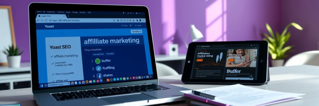 Affiliate Marketing: Your Best Blogging Resources for 2025 6 Photorealistic 8K image of a laptop showing Yoast SEO, tablet with Buffer, on a desk in a purple-walled office with traffic icons