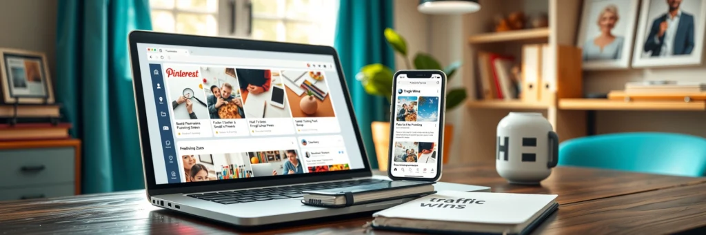 Boost Blog Income: How to Make Money Blogging in 2025 3 Photorealistic 8K close-up of a laptop showing Pinterest board, smartphone with Facebook group, and notebook on a desk in a teal-curtained office with traffic icons.