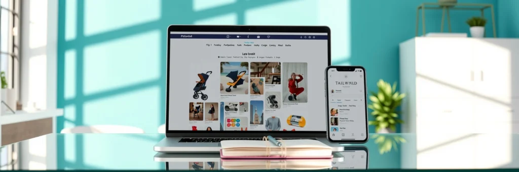 Affiliate Marketing Success Online: Proven Ways to Easily Boost Your Blog Income in 2025 6 Photorealistic 8K image of a laptop showing Pinterest board, smartphone with Tailwind schedule, and planner on a glass desk in a teal-walled office with traffic icons
