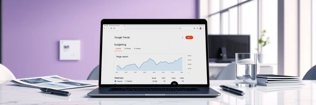 Content Planning for Bloggers in 2025: Build Posts That Win Big 4 Photorealistic 8K image of a laptop showing Google Trends data, printed reports, and a pen on a marble desk in a modern office with a purple wall and trend graphs.