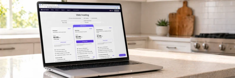  Laptop on a bright white kitchen island displaying the Hostinger checkout page with a WordPress hosting plan selected and free domain confirmed as the answer to which blogging platform should I use