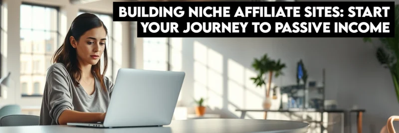 Woman-building-niche-affiliate-site-on-laptop | Thesidehustler.blog Photorealistic Image of a Woman in Casual Clothes Sitting at a Desk Working on Her Laptop to Build a Niche Affiliate Site.