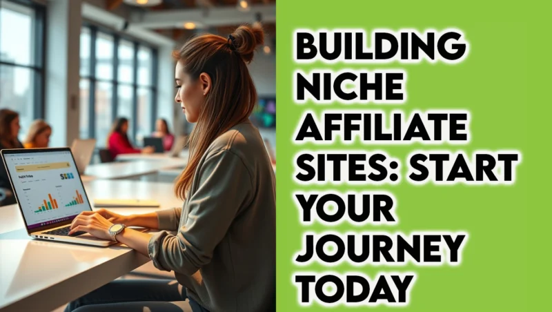 Photorealistic image of a woman in casual clothes sitting at a desk working on her laptop to build a niche affiliate site.