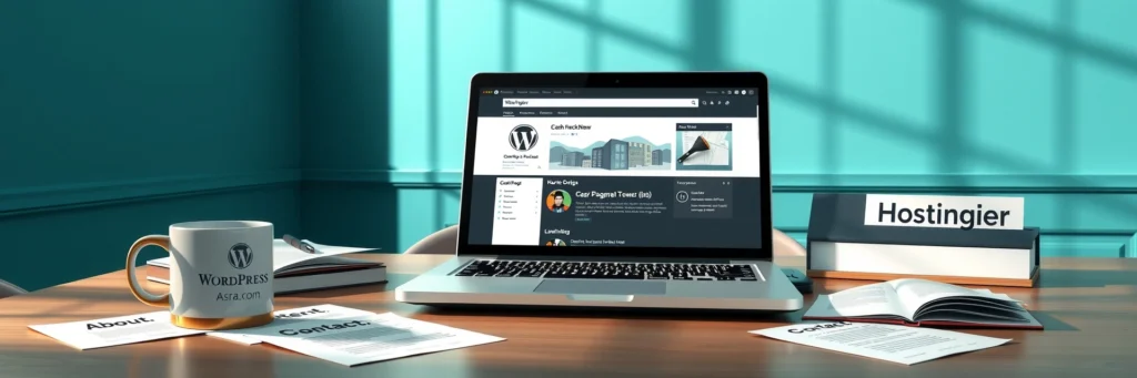 Blogging 101: Build Your First Profitable Site in 2025 5 Photorealistic 8K image of a laptop showing a WordPress dashboard, Hostinger mug, and domain signpost on a minimalist desk in a teal-walled office with sunlight