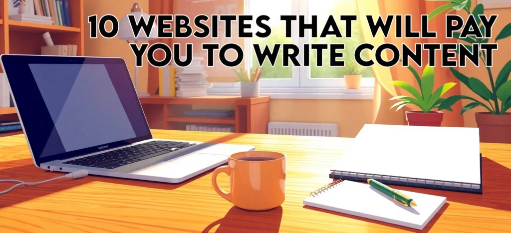 Make Money Writing Online: 10 Websites That Pay You To Write 2 Cozy home office with a laptop, coffee mug, and notepad, ready to make money writing online in 2025