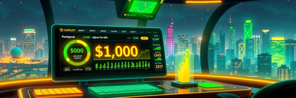 AI Budget Tools: Track and Save Smarter in 2025 7 Planning hub with Copilot forecasting savings on a dashboard, symbolizing long-term AI-driven financial planning in 2025.