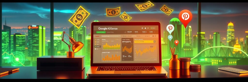 Start AI Writing Side Hustle: Amazing AI Writing is Your 2025 Money Magnet 7 Money-making hub with laptop showing AdSense and Etsy earnings, with Pinterest pins, symbolizing monetized content for a 2025 hustle.