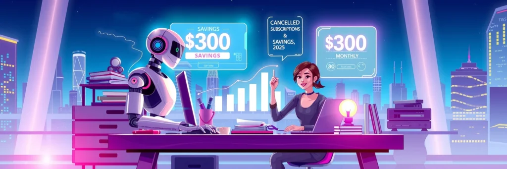 AI Budget Tools: Track and Save Smarter in 2025 3 AI robot organizing a cluttered desk with savings charts, symbolizing $300 saved in 2025 with a smiling hustler in a futuristic city.