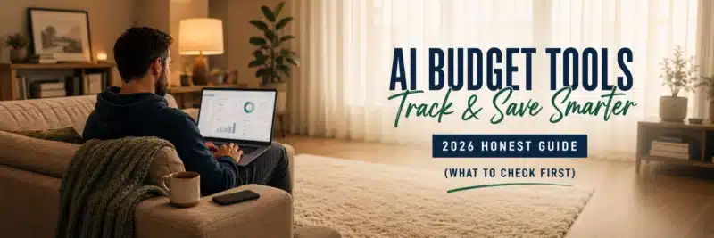 Man reviewing ai budget tools on a laptop from his sofa in the evening