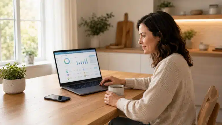 featured image Woman reviewing an AI budget tools dashboard on her laptop at a kitchen table