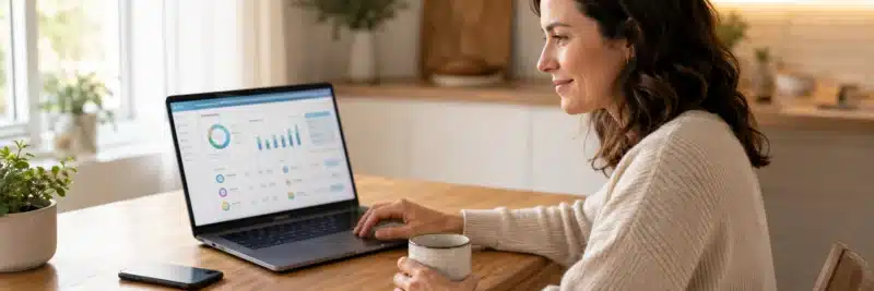 Woman reviewing an AI budget tools dashboard on her laptop at a kitchen table