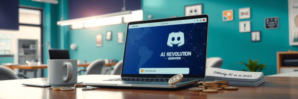 AI 101: Get Started with Zero Tech Stress in 2025 8 Photorealistic 8K image of a laptop showing Discord AI server, coins, post printout, and mug on a desk in a teal-walled office with community icons