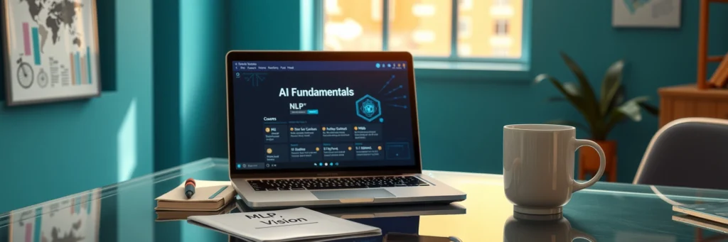 AI 101: Get Started with Zero Tech Stress in 2025 6 Photorealistic 8K image of a laptop showing DataCamp AI course, planner, latte mug, and cheat sheet on a glass desk in a teal-walled office with concept icons