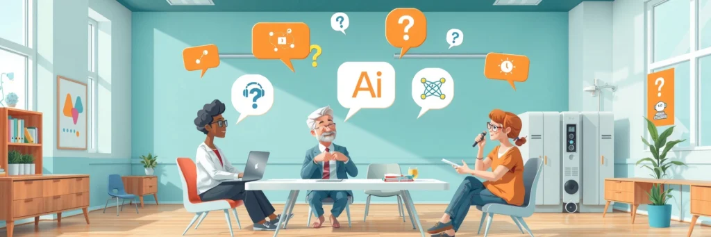 AI 101: Get Started with Zero Tech Stress in 2025 9 Beginners discussing AI questions in a modern classroom