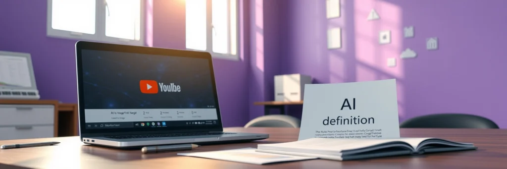 AI 101: Get Started with Zero Tech Stress in 2025 4 Photorealistic 8K image of a laptop showing 3Blue1Brown AI video, smartphone, and definition sheet on a desk in a purple-walled office with fundamental icons