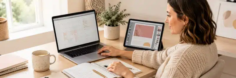 Blogger using AI productivity tools on a laptop and tablet at a home desk