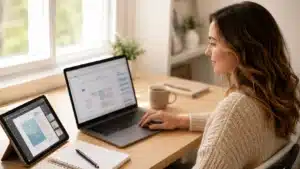 Blogger using AI productivity tools on a laptop and tablet featured