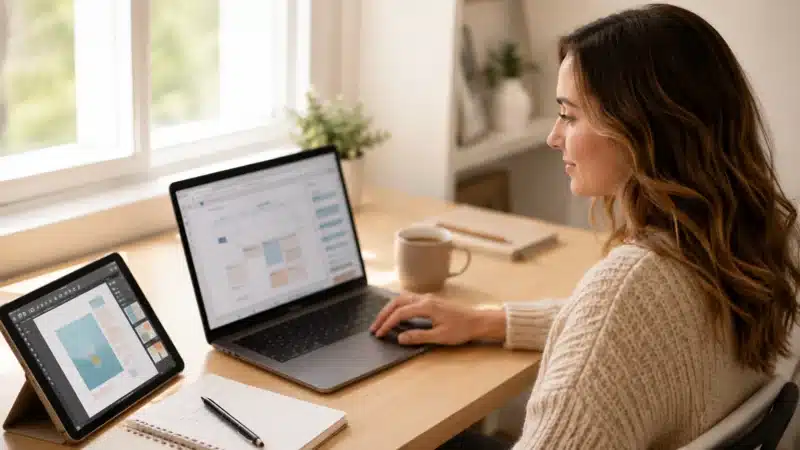 Blogger using AI productivity tools on a laptop and tablet featured