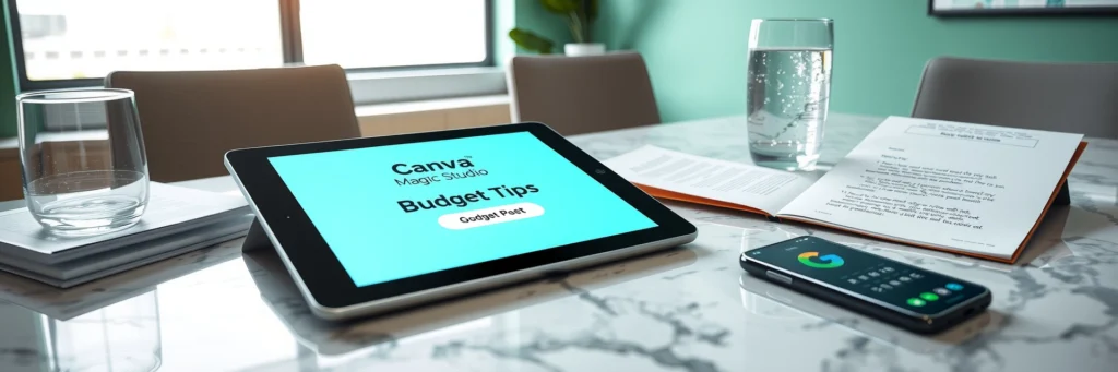 AI 101: Get Started with Zero Tech Stress in 2025 5 Photorealistic 8K close-up of a tablet showing Canva AI poster, story, smartphone, and water glass on a marble desk in a green-walled office with tool icons.