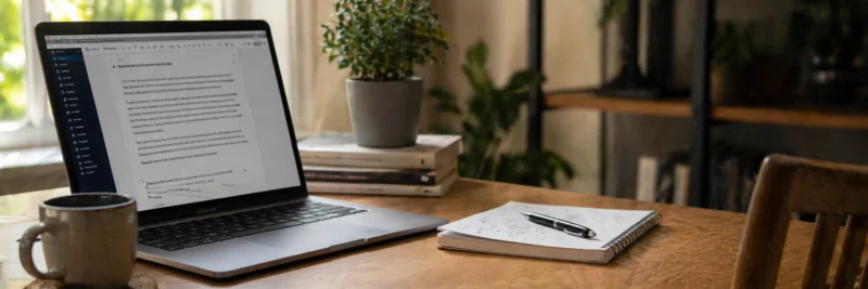 Laptop on a desk showing a writing interface for an AI writing side hustle