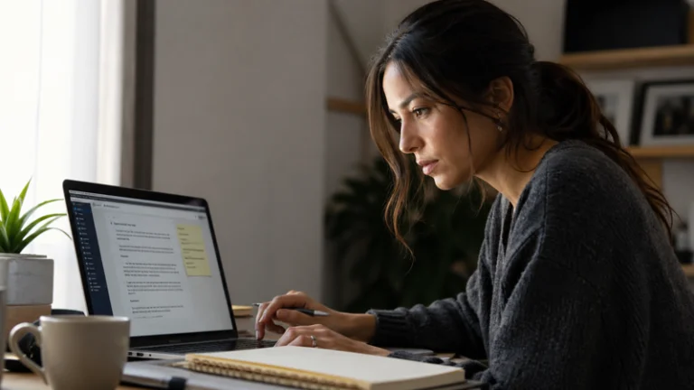 Woman using a laptop at a desk to work on an AI writing side hustle