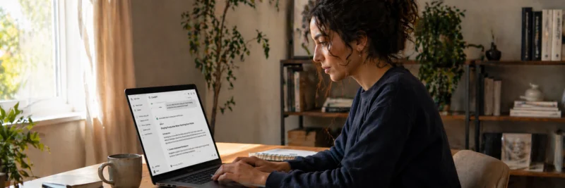Woman at a desk using a laptop to work with AI writing tools