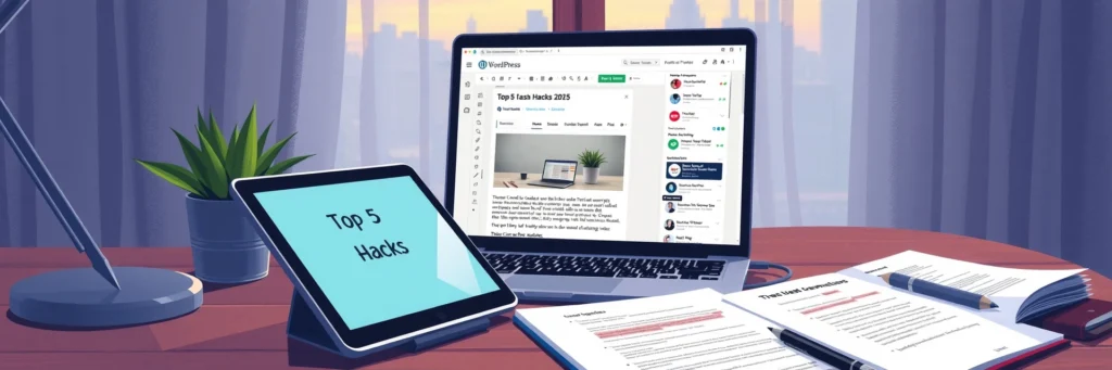 How to Start a Blog in 2025: Easy Beginner’s Guide 7 Professional desk with a laptop open to a WordPress post editor for 'Top 5 Cash Hacks,' a Canva-designed Pinterest pin on a tablet, and a Grammarly-edited draft, highlighting content creation for a 2025 blog