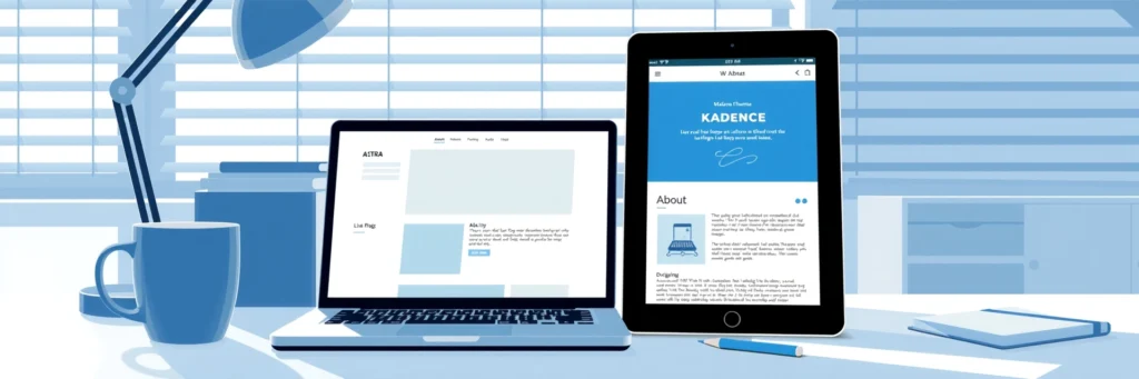 How to Start a Blog in 2025: Easy Beginner’s Guide 6 Organized desk with a laptop displaying a WordPress theme customization for Kadence, a tablet showing a live blog with an About page, and a coffee mug, illustrating styling and launching a blog in 2025