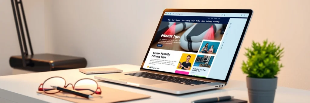 20+ Flexible Side Hustles to Make Money Online in 2025 4 Laptop showing a fitness blog homepage on a minimalist desk, highlighting blogging as a flexible side hustle to make money online in 2025