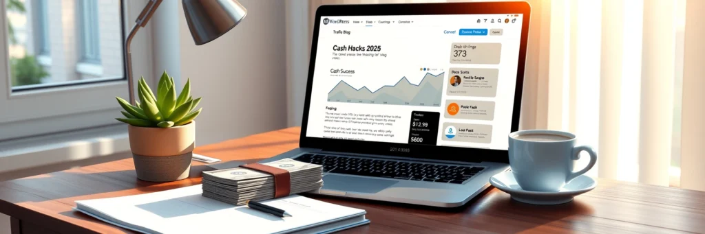 How to Start a Blog in 2025: Easy Beginner’s Guide 3 Triumphant workspace with a laptop showing a WordPress blog’s traffic stats, a stack of cash beside a notebook with 'Blog Success' written, and a celebratory latte, reflecting the joy of a thriving blog in 2025