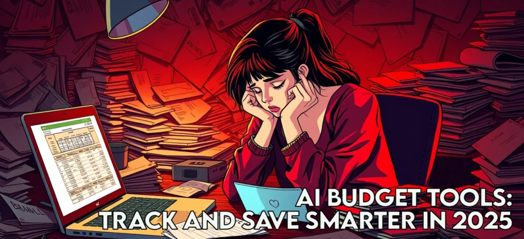 AI Budget Tools: Track and Save Smarter in 2025 2 Cluttered desk with bills and chaotic bank app, symbolizing budget chaos and lost money in 2025 for a stressed hustler.