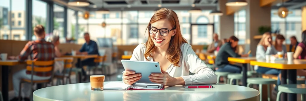 20+ Flexible Side Hustles to Make Money Online in 2025 3 Young woman working on a tablet in a café, showcasing the freedom of flexible side hustles to make money online in 2025