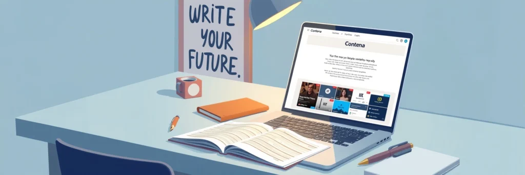 Make Money Writing Online: 10 Websites That Pay You To Write 6 Writer’s desk with a laptop on Contena’s job board, chasing high-paying online writing platforms in 2025.